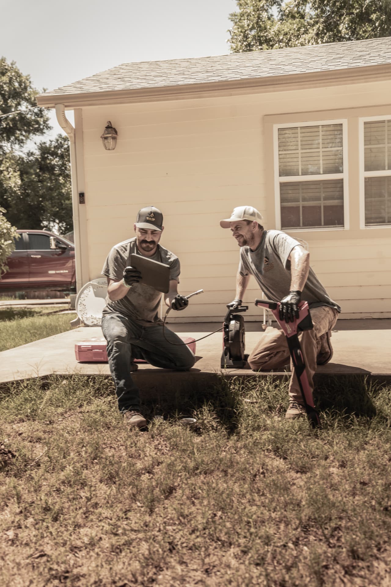 True Tex technicians running a sewer camera and line locator at a cleanout